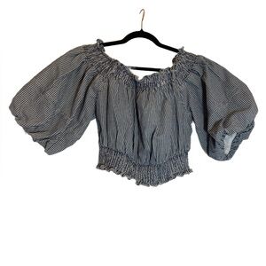Bibi NWT Blue & White Striped Denim Balloon Puff Sleeve Off Shoulder Crop Top XL
